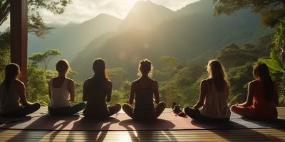 serene yoga retreat with practitioners gracefully engaged in poses amidst tranquil surroundings, finding peace and balance. generative ai serene yoga retreat with practitioners gracefully engaged in poses amidst tranquil surroundings, finding peace and balance. generative ai